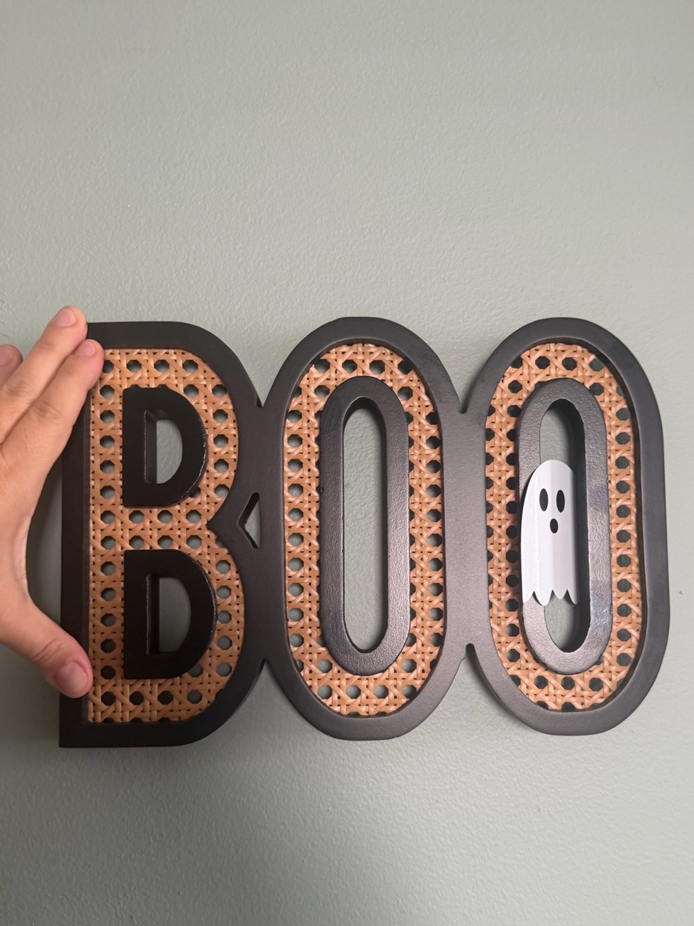 BOO Halloween Wall Decor Sign in Black and Natural Rattan